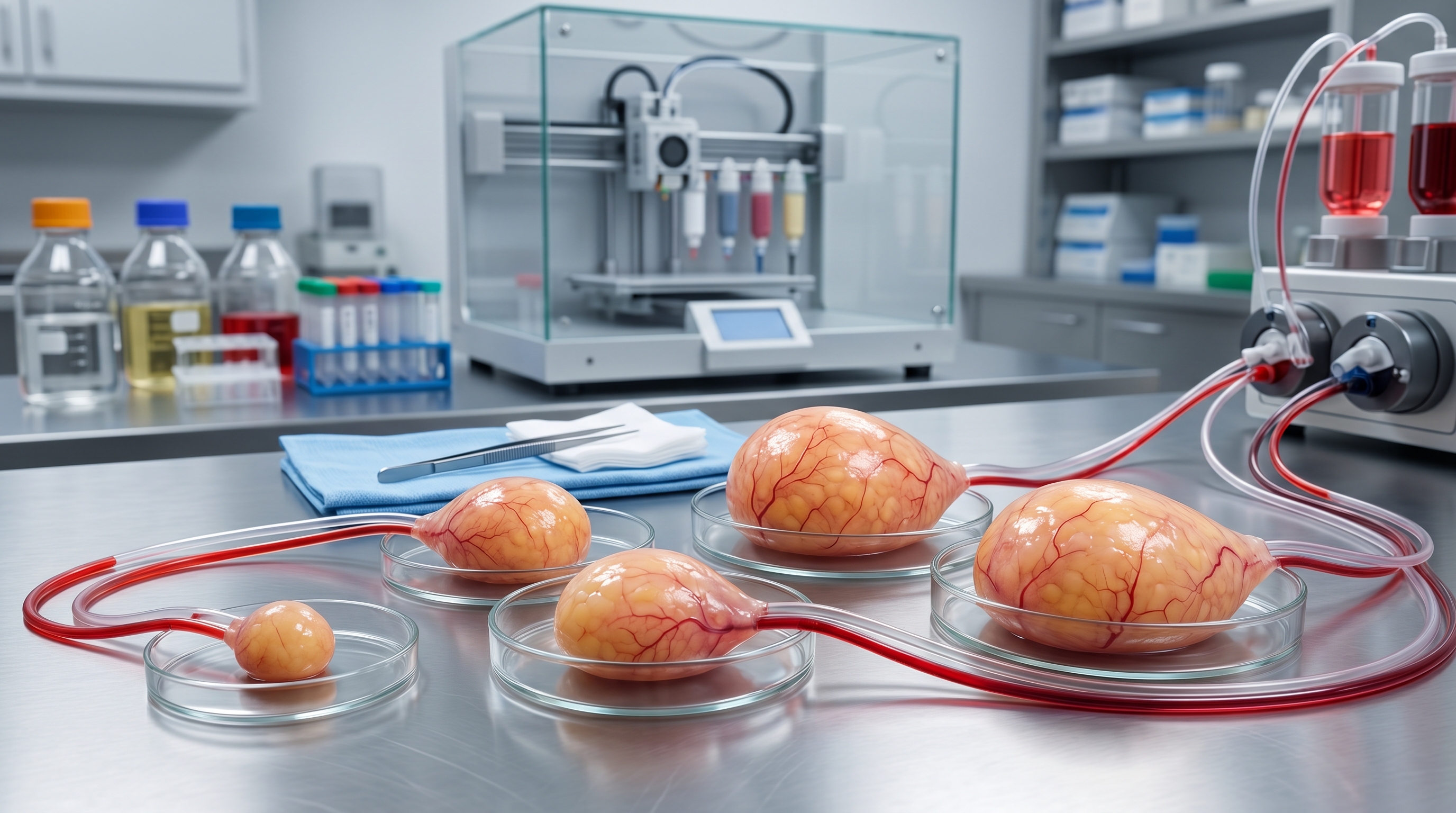 Scientist handling tissue construct with tweezers in a biotech laboratory