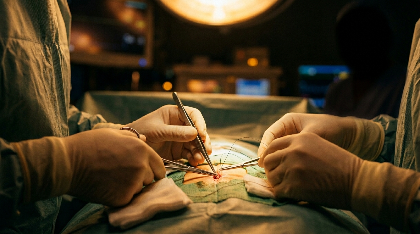 Surgeons performing microsurgical anastomosis under warm OR lighting