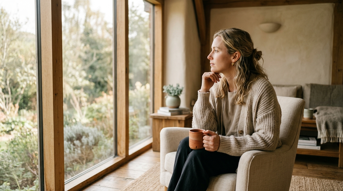 Woman sitting by window in quiet contemplation